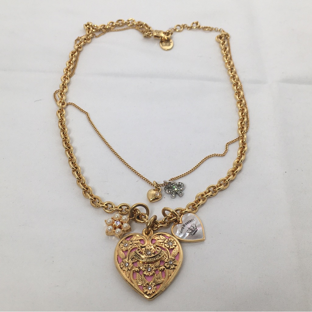 Juicy Couture Gold And Pink Heart Charm Necklace 2 Strands Crystals 49$